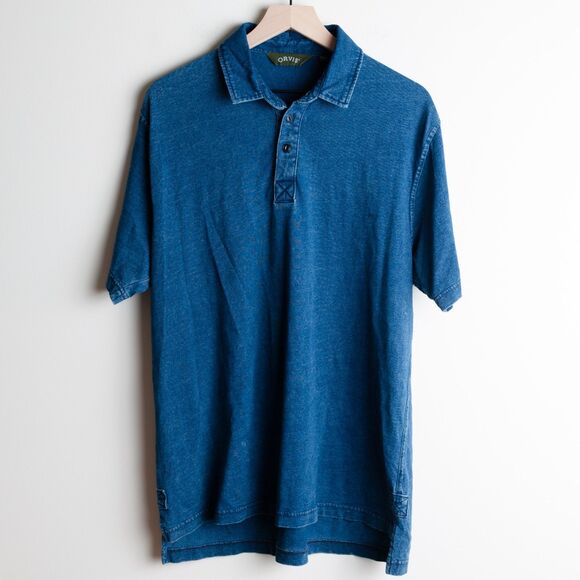Orvis Polo Shirt Mens M Blue Denim Look Indigo Short Sleeve Casual - Picture 1 of 11